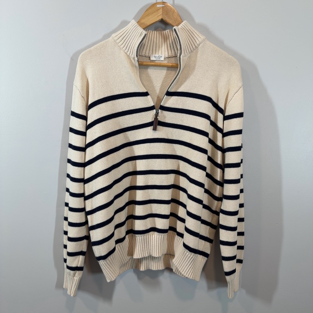 John Galt Striped Quarter Zip Sweater Navy Cream Cotton MH473 One Size Womens